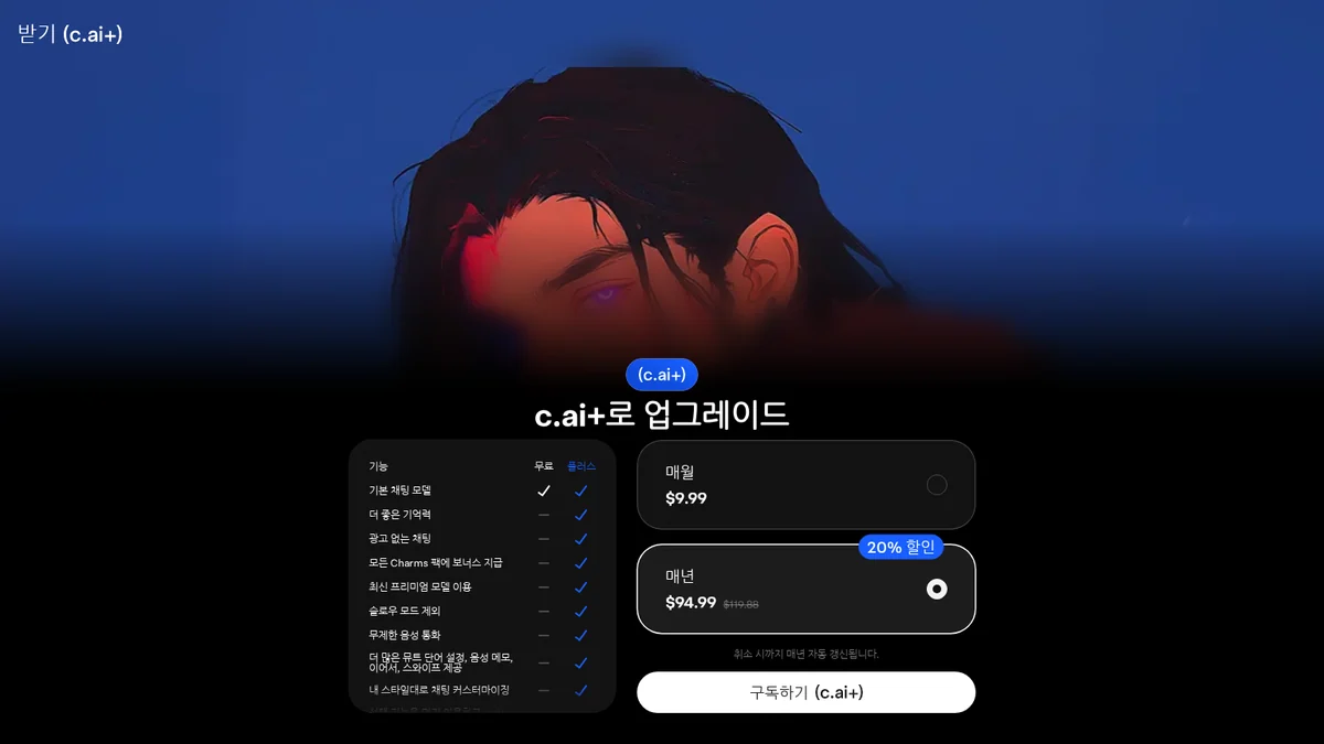 Character.AI 공식 요금제 안내 화면
