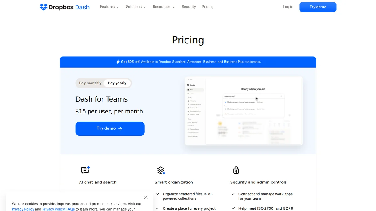 Dropbox Dash 공식 요금제 안내 화면