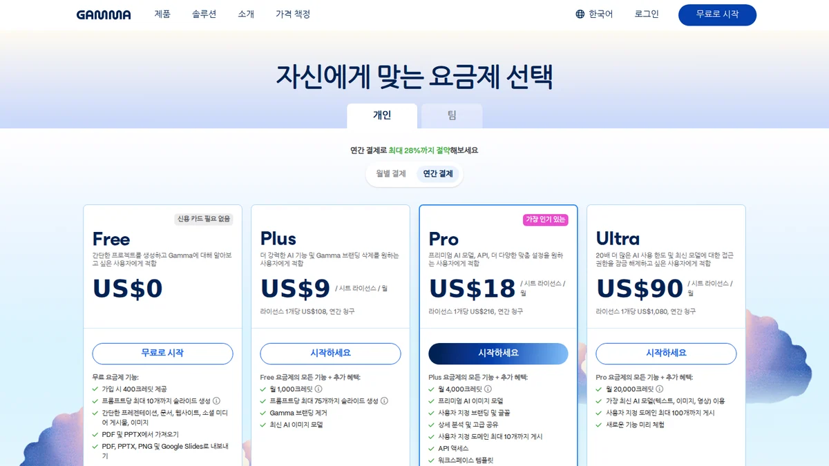 Gamma 공식 요금제 안내 화면