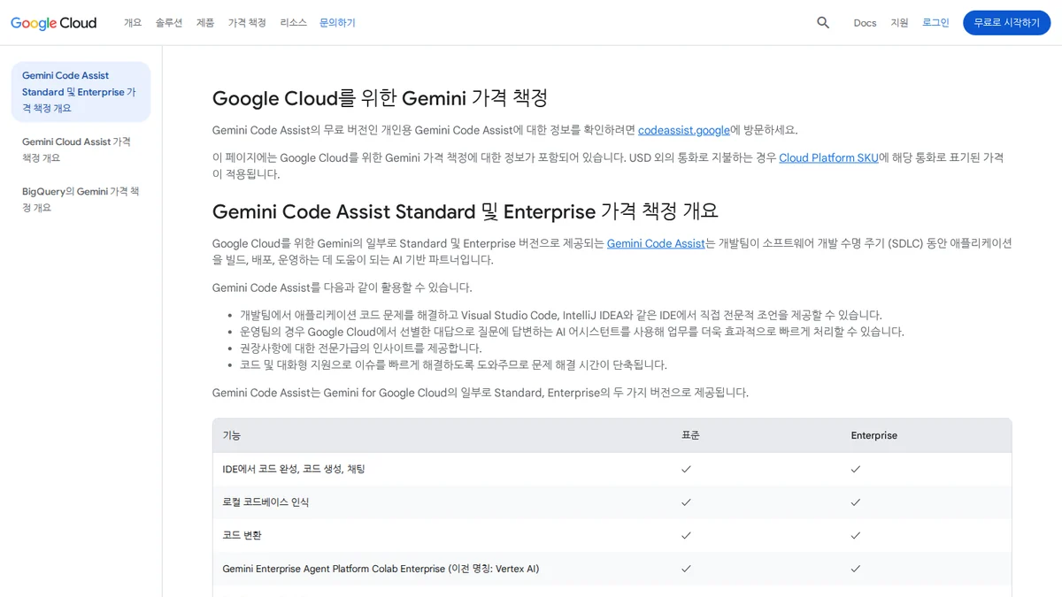 Gemini Code Assist 공식 요금제 안내 화면
