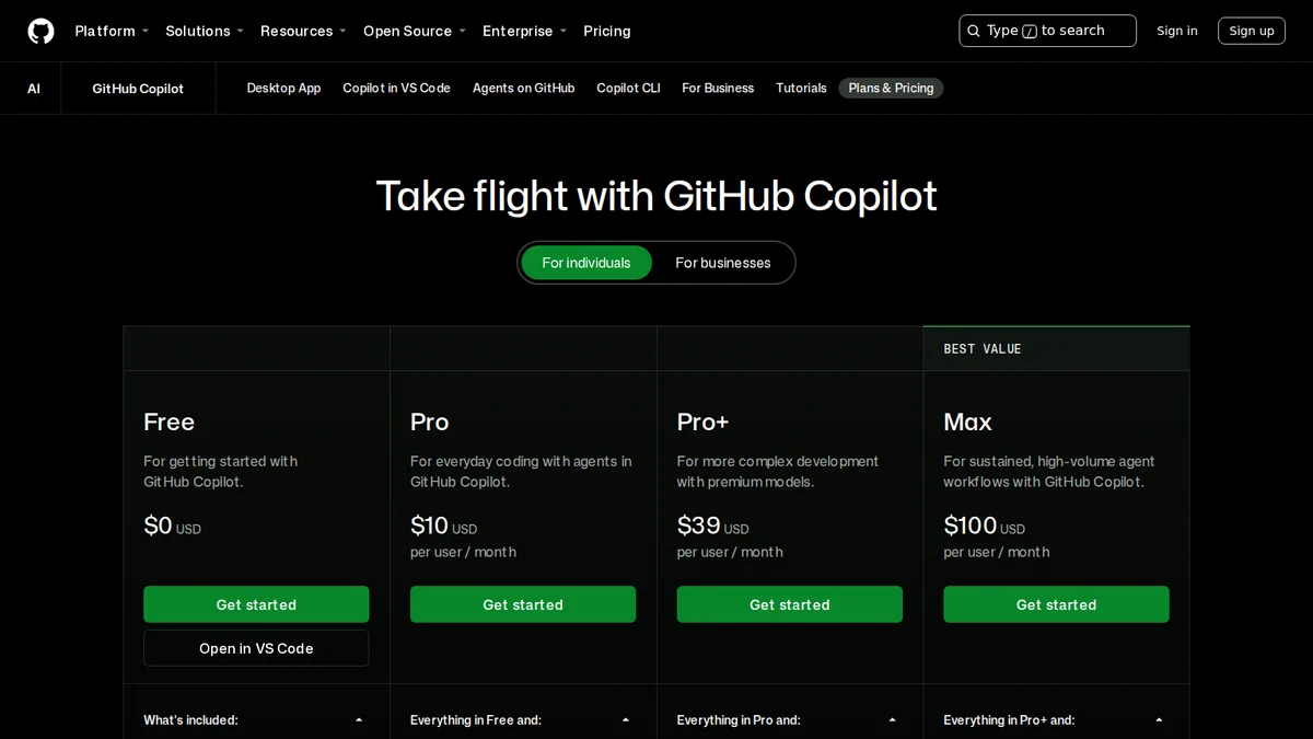 GitHub Copilot 공식 요금제 안내 화면