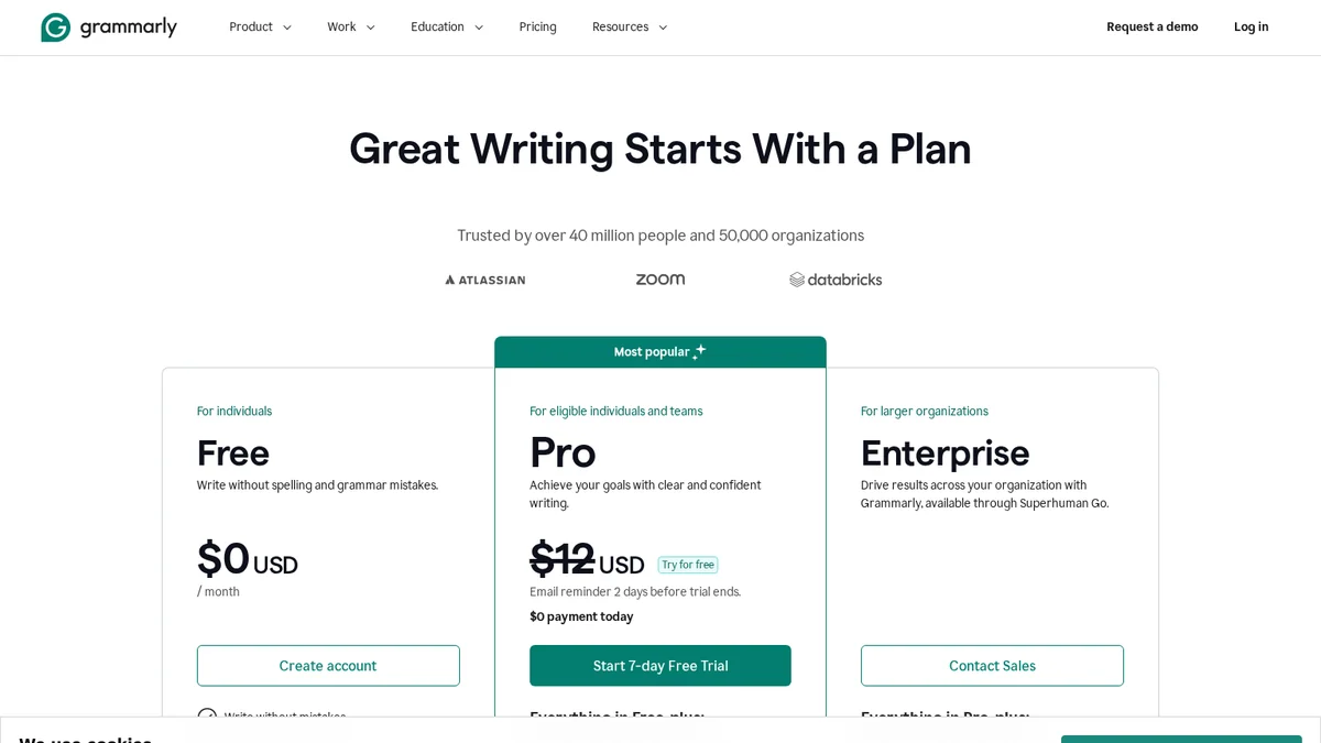 Grammarly 공식 요금제 안내 화면