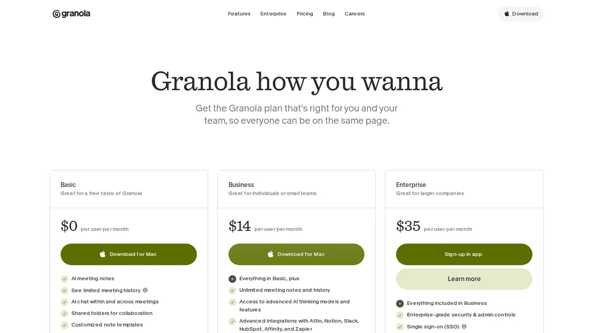 Granola 공식 요금제 안내 화면