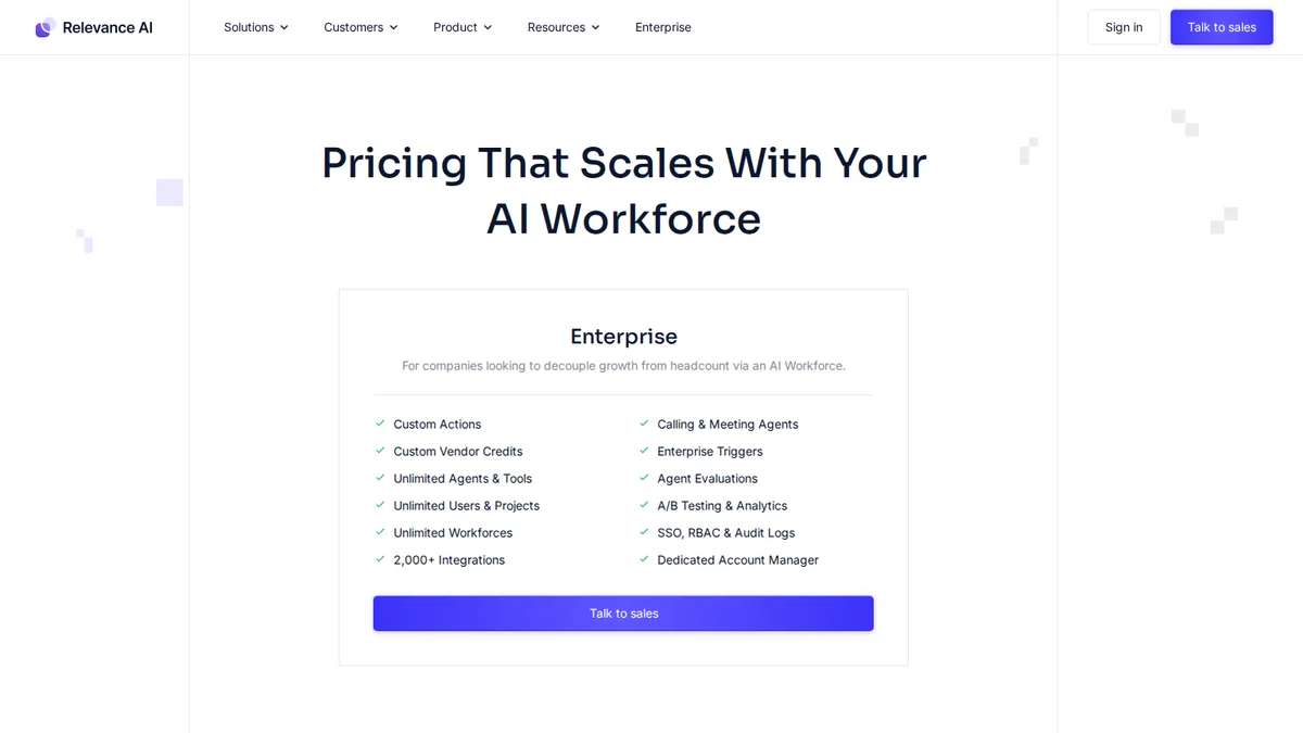 Relevance AI 공식 요금제 안내 화면