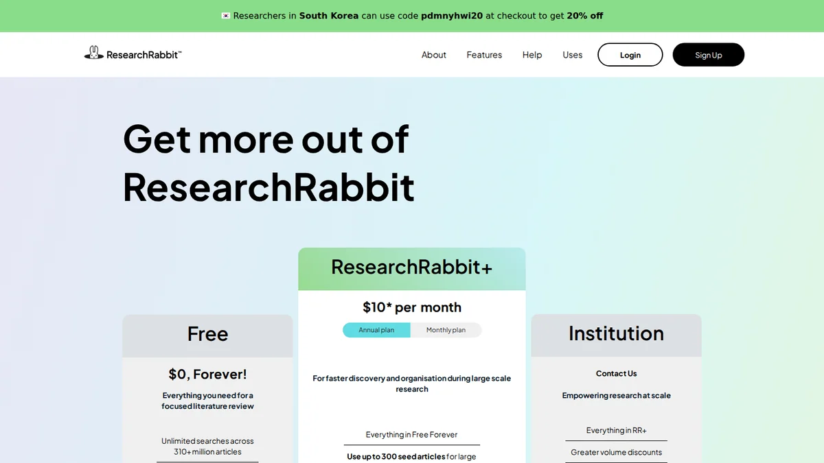 ResearchRabbit 공식 요금제 안내 화면