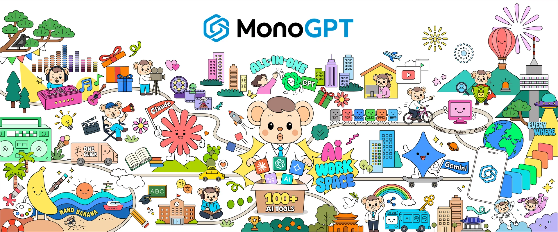 MonoGPT AI FESTA 2026 brand illustration featuring AI models and tools for documents, images, video and music