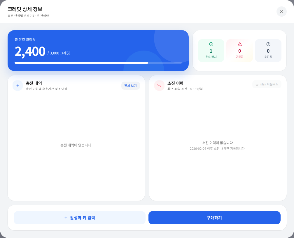 크레딧 상세 정보와 활성화 키 입력 위치